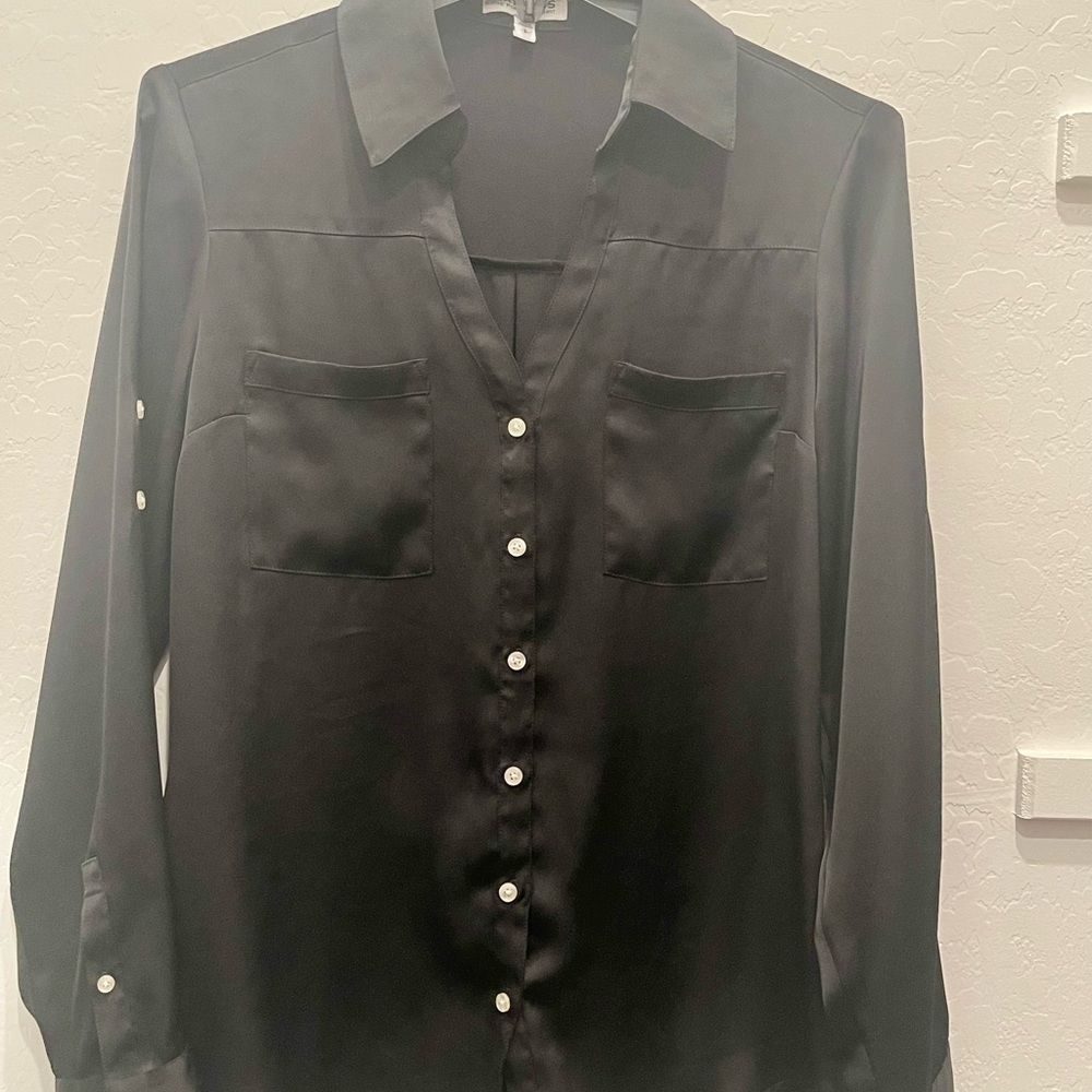Express Black Satin Pearl-Button Shirt
